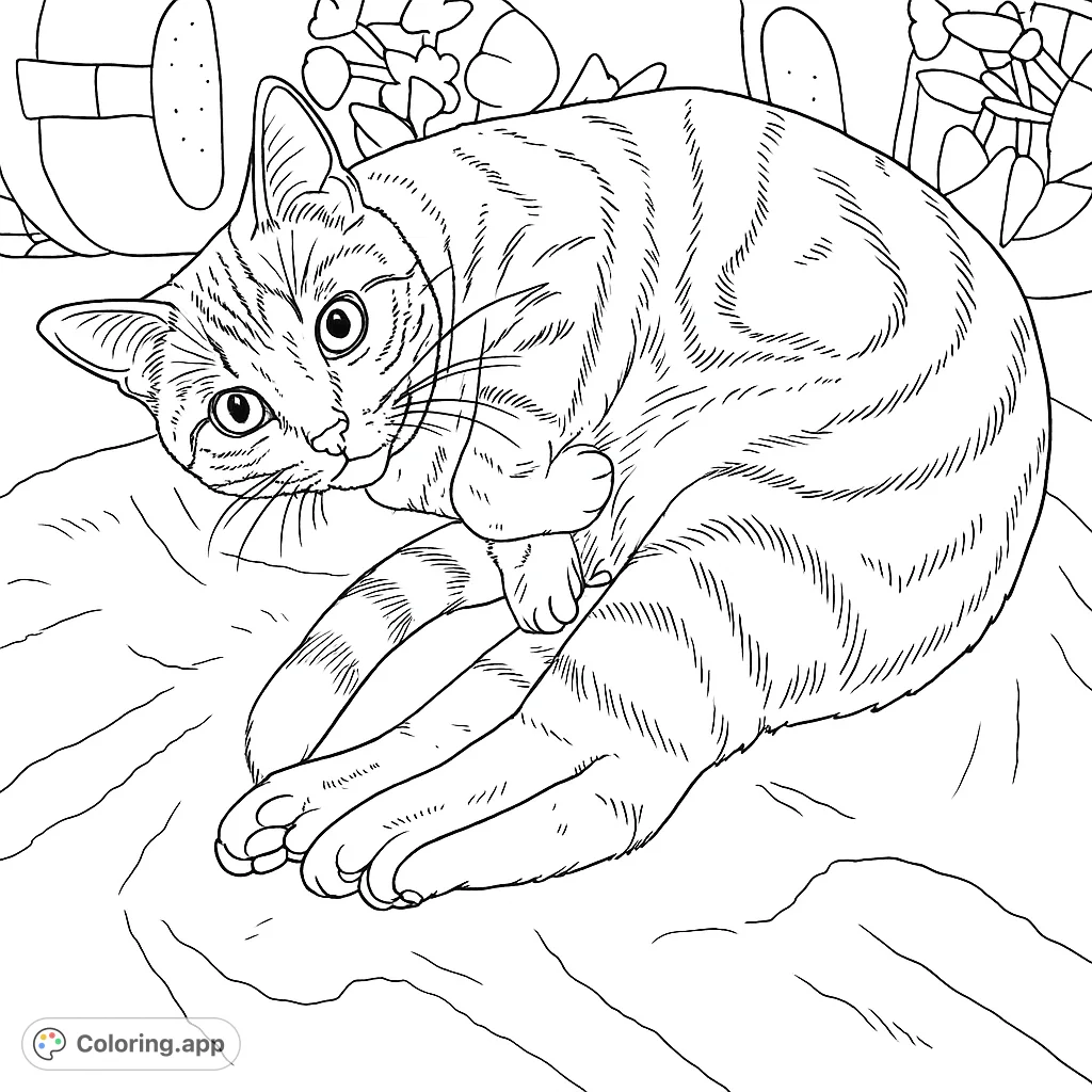 A charming tabby cat curled up on a soft surface, gazing with wide eyes. Perfect for a relaxing animal coloring page, free printable coloring page for all ages.