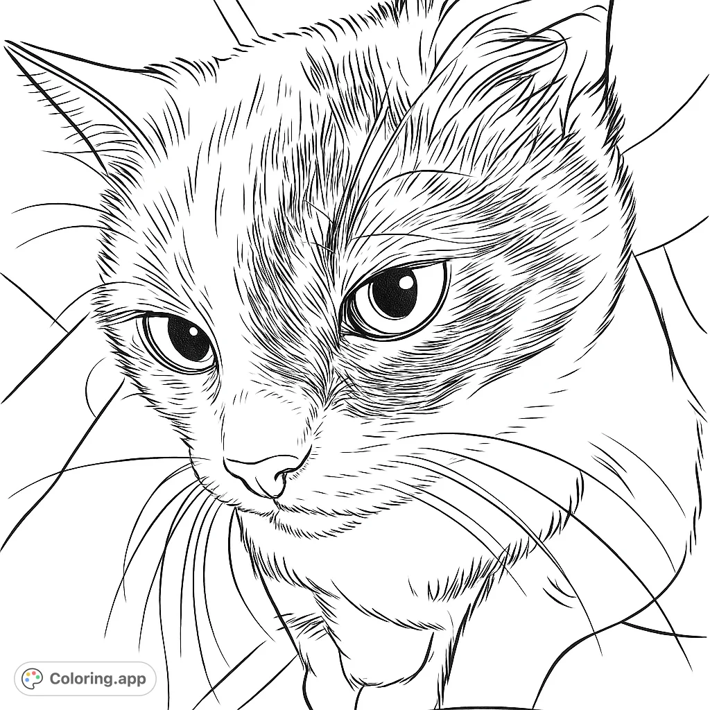 A captivating cat portrait coloring page featuring an expressive feline face with detailed fur and whiskers, perfect for animal lovers. Free printable coloring page.