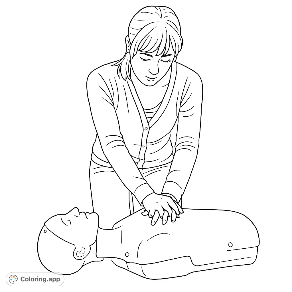A focused individual performs CPR on a training mannequin. This essential first aid coloring page promotes learning and awareness.