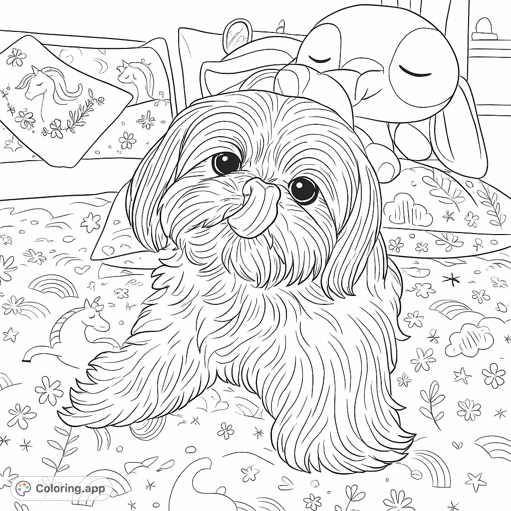 An adorable fluffy Shih Tzu dog with its tongue out, resting on a patterned bed with a sleeping plush toy. A charming free printable coloring page for kids and adults.