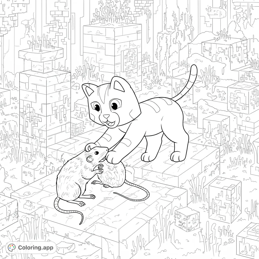 A friendly cartoon cat and a realistic mouse play in a unique blocky, pixelated world. A fun, free printable coloring page for all ages.