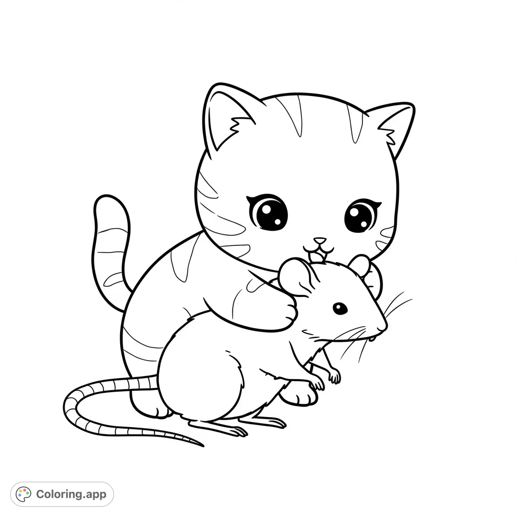 A charming animal friends coloring page featuring a cute, chubby kitten gently embracing a friendly mouse, perfect for kids and animal lovers.