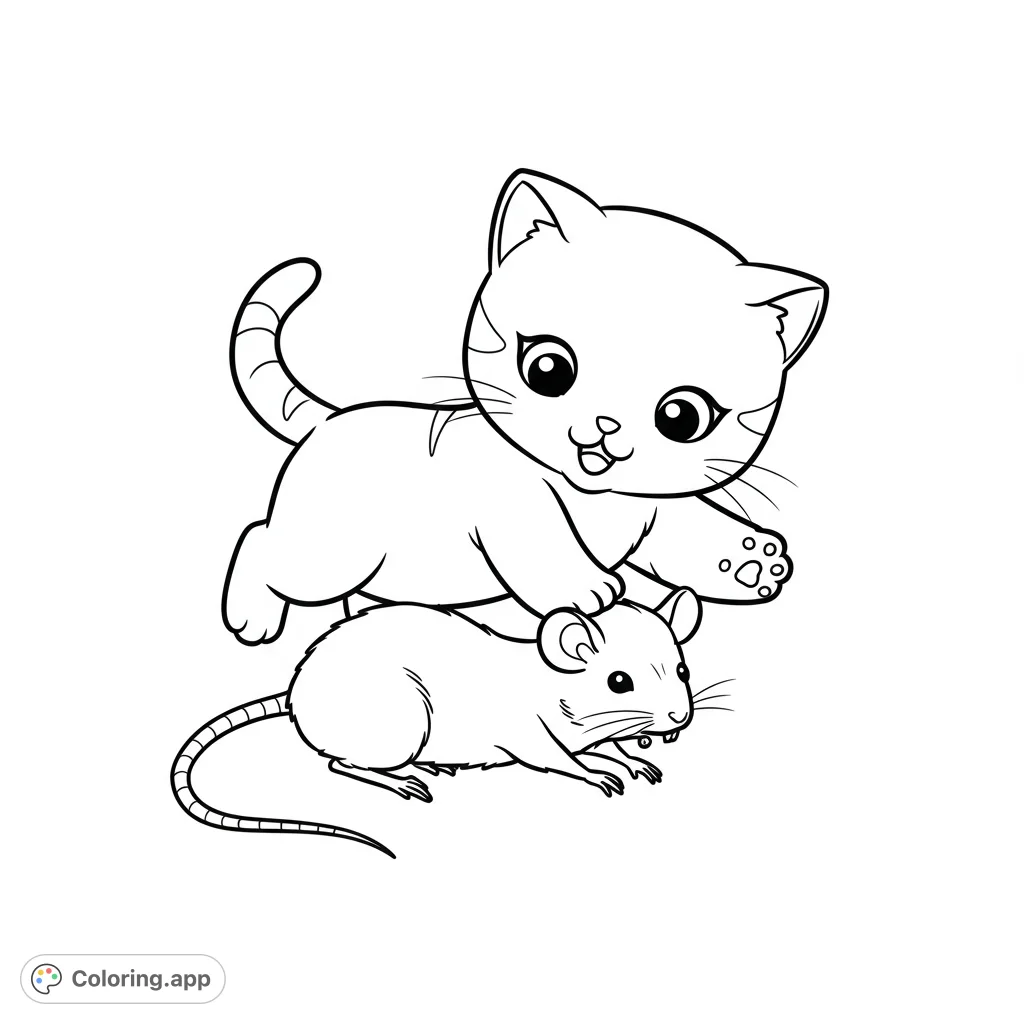 Adorable kitten playfully pounces on a mouse. A charming, free printable animal coloring page for kids and adults, perfect for creative fun.