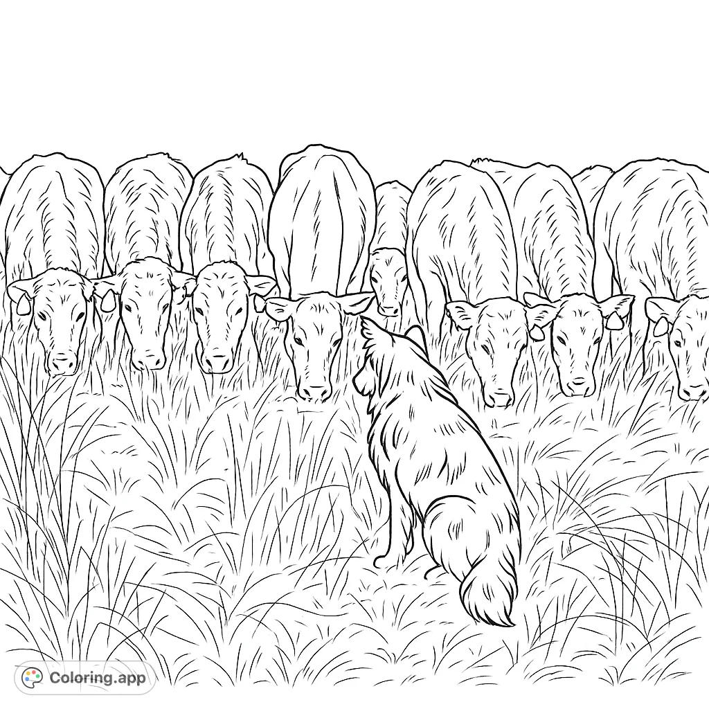 A loyal herding dog watches over a line of grazing cows in a grassy field. A charming farm animal coloring page for all ages.