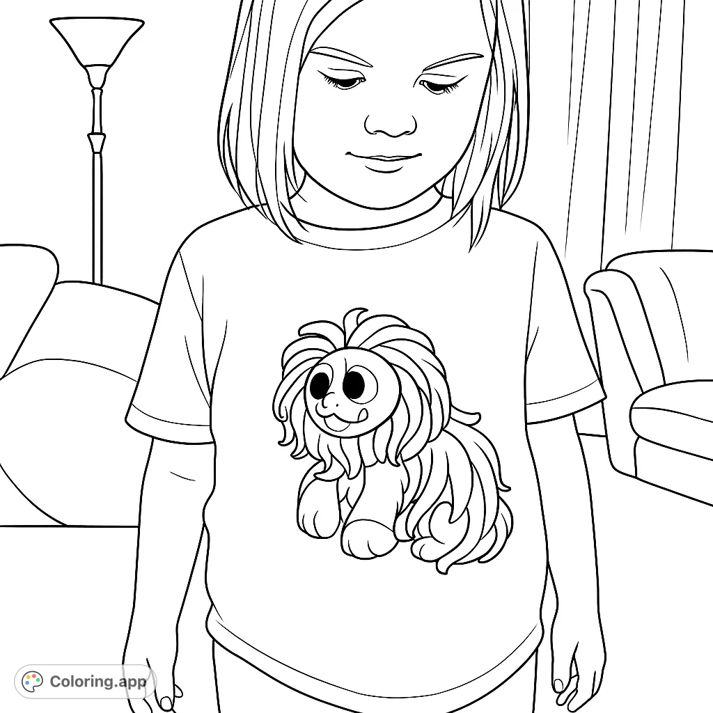 A sweet girl wears a t-shirt featuring an adorable fluffy dog, set in a cozy indoor scene. A charming free printable coloring page for all ages.