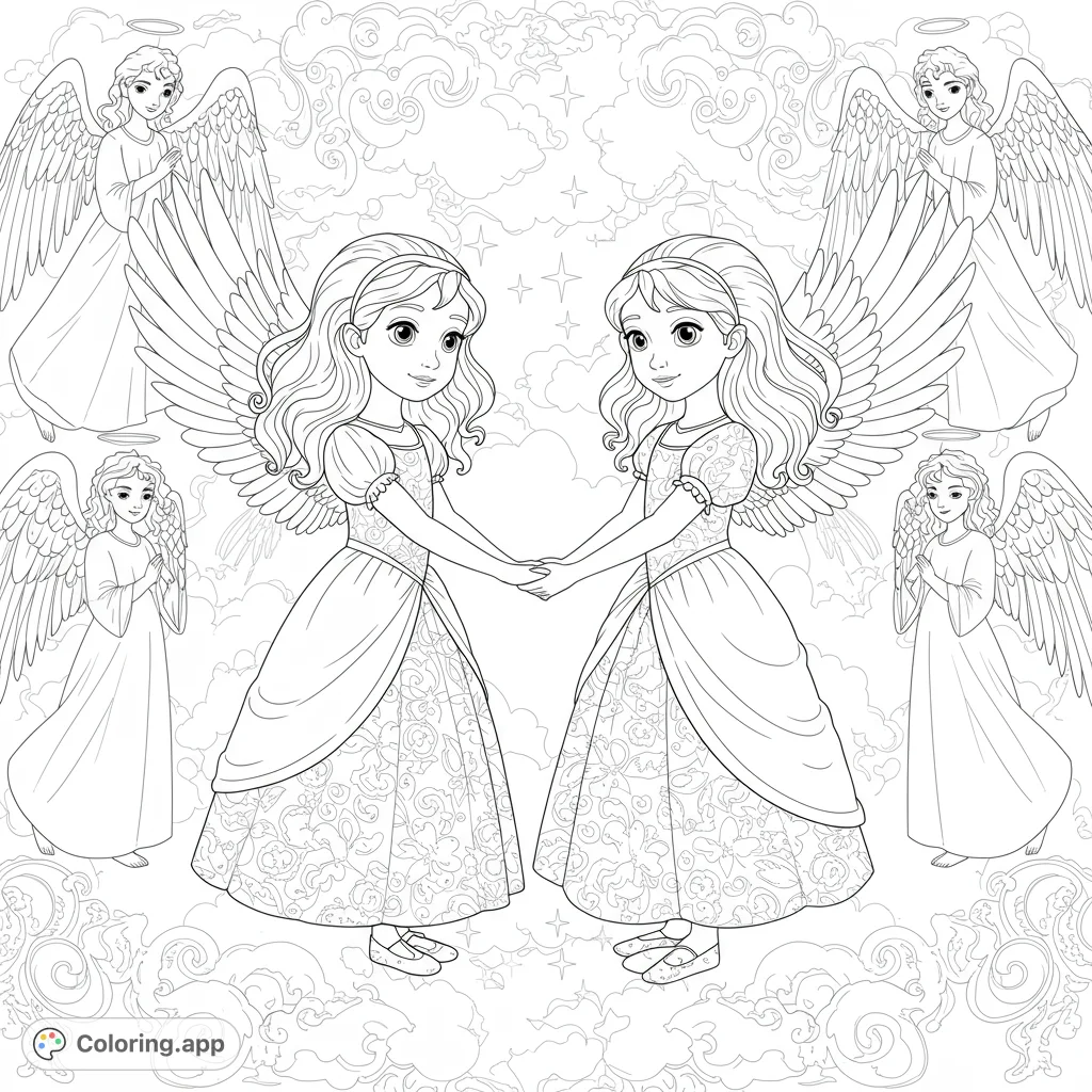 A magical princess sisters coloring page with graceful angels, perfect for creative fun. Features elegant gowns, feathery wings, and celestial backgrounds.