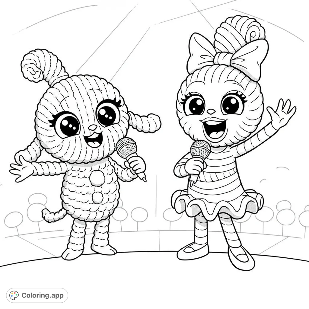 Join Yarnaby and Yarnabelle from Poppy Playtime in a delightful singing pose, perfect for a fun and creative coloring experience. A free printable coloring page.