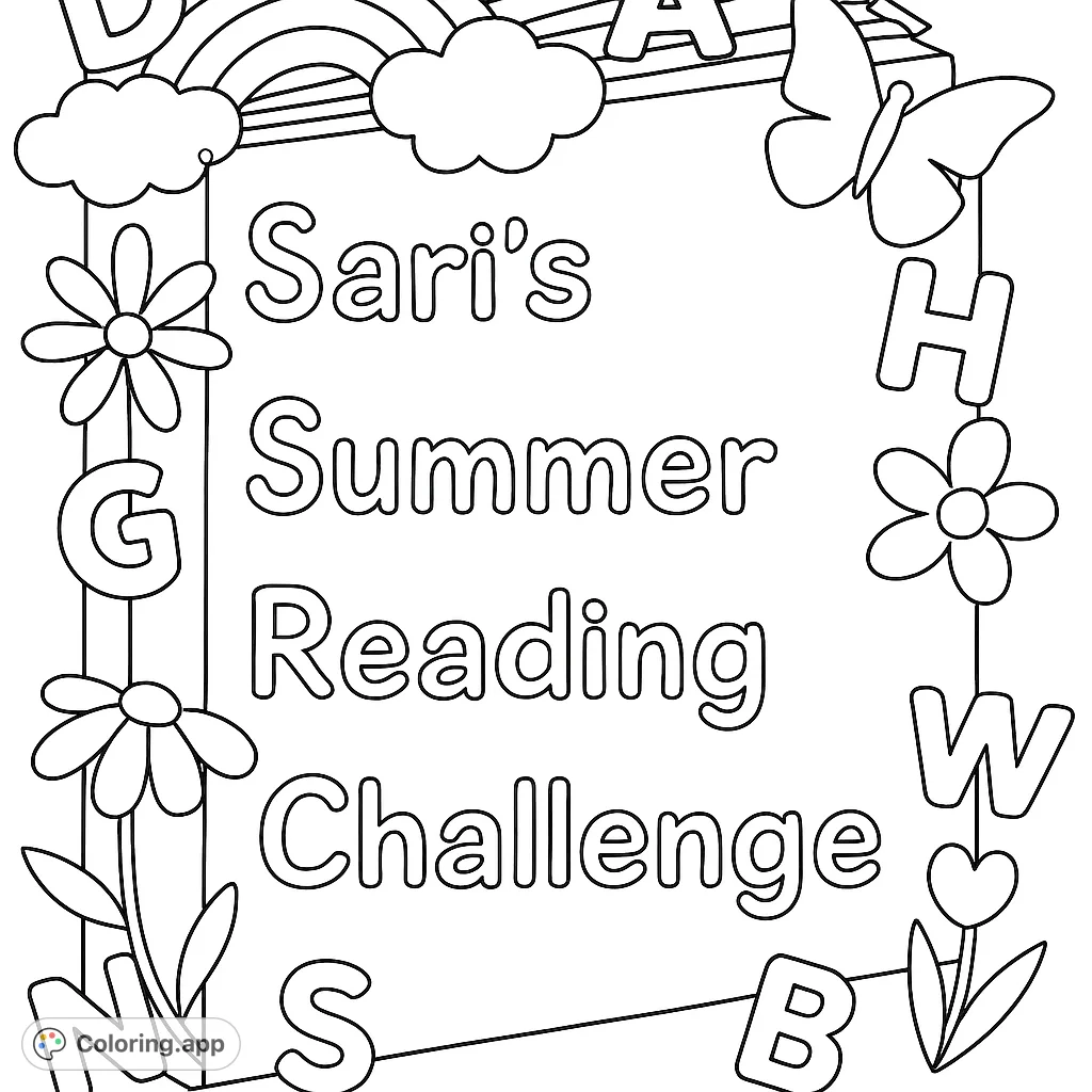 A delightful summer-themed frame with a rainbow, clouds, butterfly, and flowers, perfect for personalizing. A free printable coloring page for kids and adults.