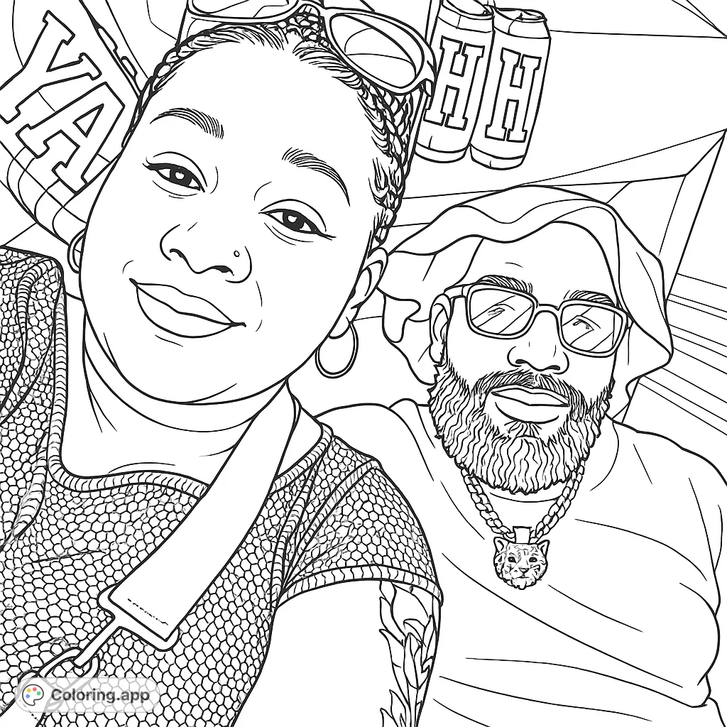 Capture the joy of friendship with this portrait of two smiling individuals at an outdoor gathering, featuring detailed clothing and accessories.