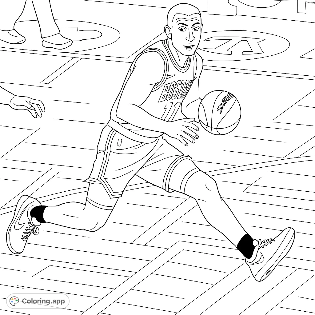 Dynamic basketball player in action on a court, dribbling the ball. Features a detailed jersey and court lines.