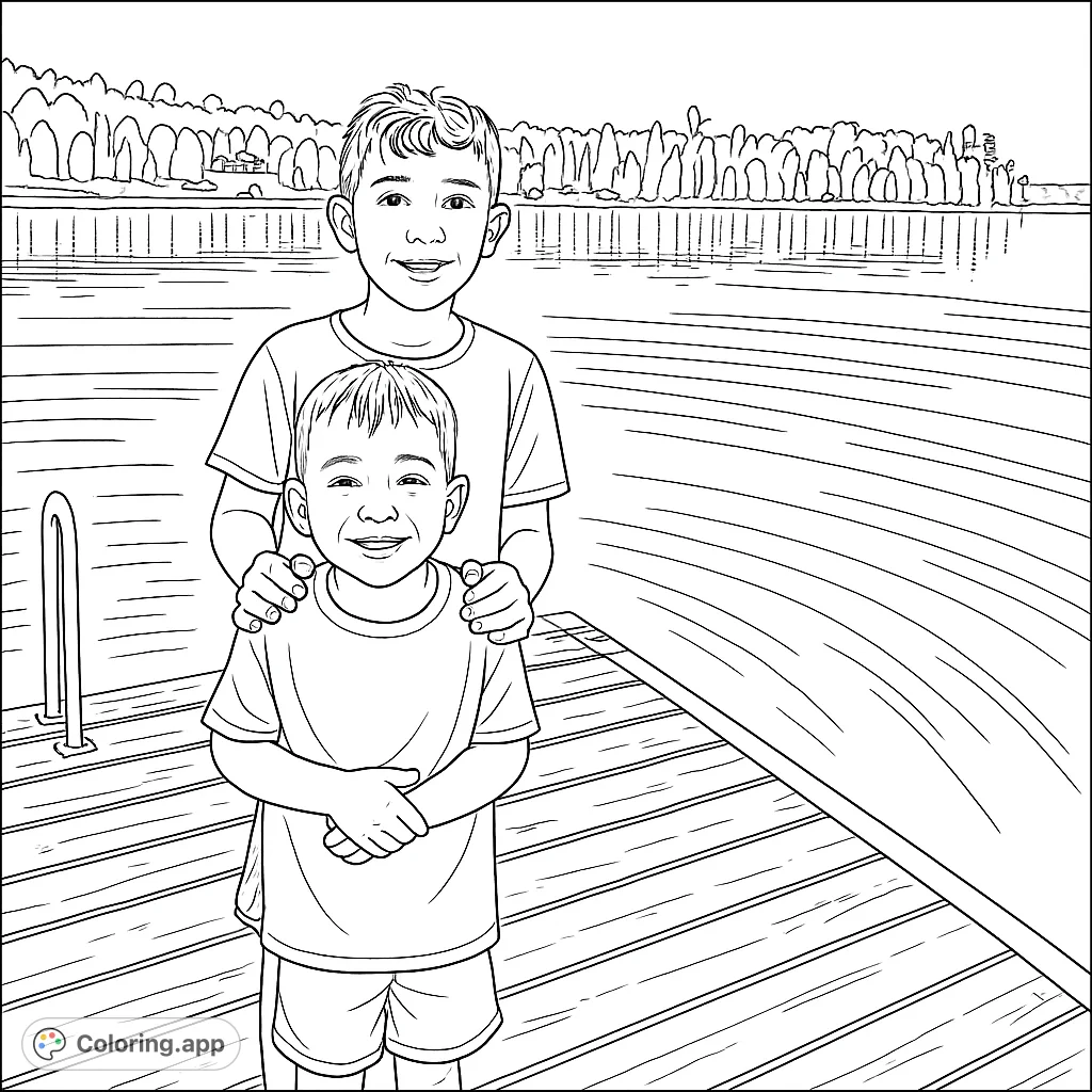 A heartwarming free printable lake dock coloring page featuring two smiling brothers, perfect for kids and family fun. Enjoy this serene outdoor scene!