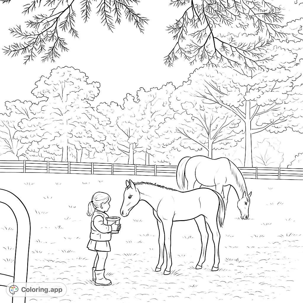 A heartwarming farm scene featuring a child interacting with a gentle foal, with a white horse and trees in the background. A charming free printable coloring page.