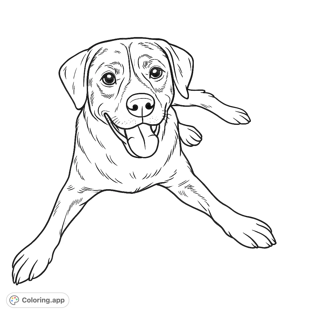 A delightful Labrador dog coloring page, perfect for dog lovers! This free printable features a happy pup lying down, ready for vibrant colors.