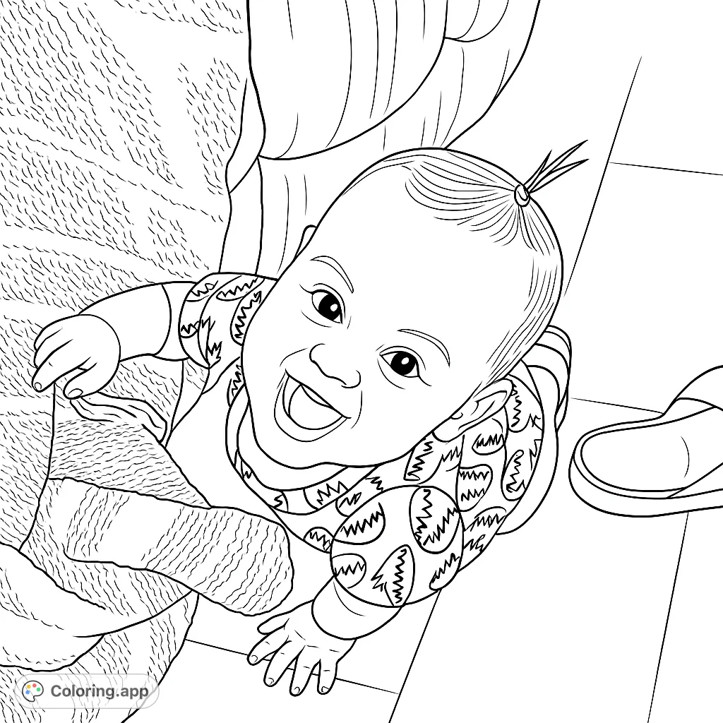 A delightful baby coloring page featuring a happy infant smiling up, surrounded by a cozy blanket and a playful onesie. Perfect for all ages!