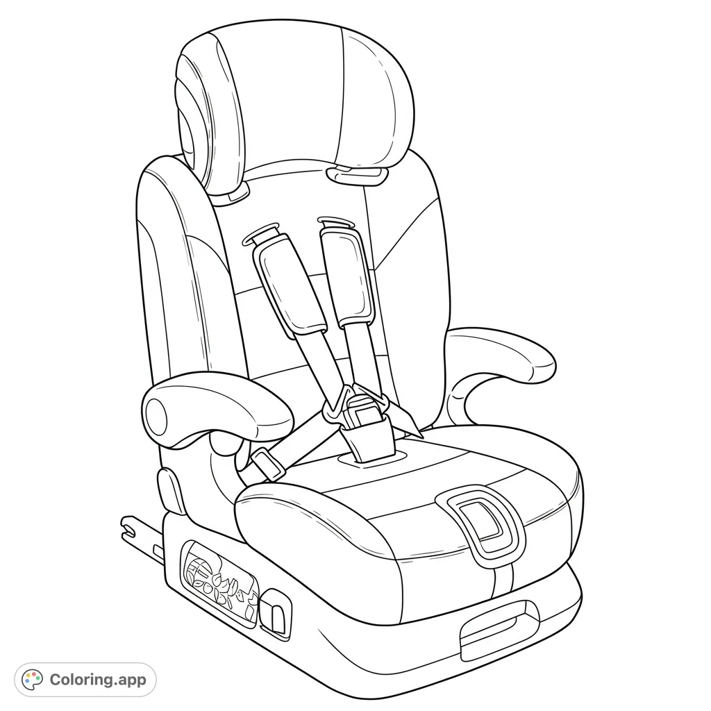 A detailed booster car seat, perfect for teaching road safety and vehicle components. This free printable coloring page offers a fun, educational activity.
