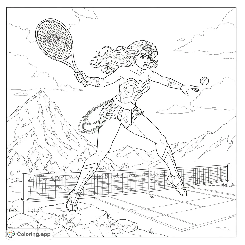 Wonder Woman serves up a tennis ace on a mountain peak! This black and white line art coloring page features detailed elements and open spaces for creative coloring fun.