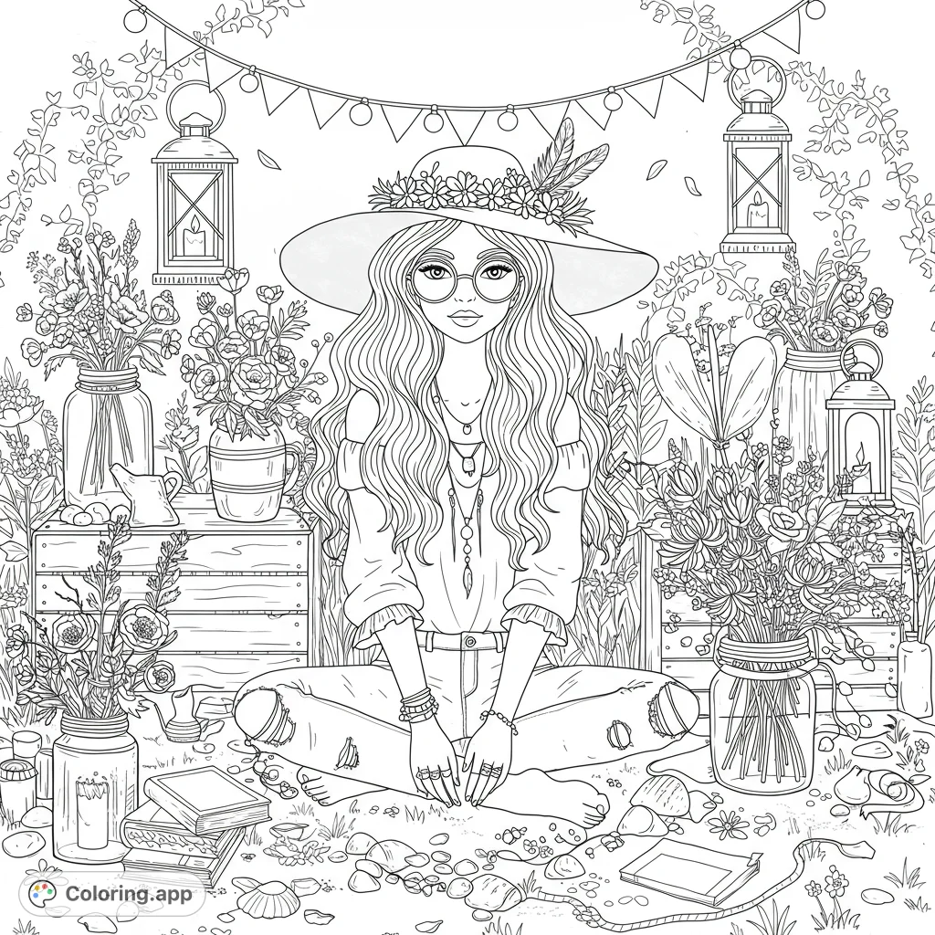 Anime girl with boho style in a vintage garden. Features long wavy hair, hat, sunglasses, off-shoulder blouse, ripped jeans, wildflowers, books, lanterns, and fairy lights.