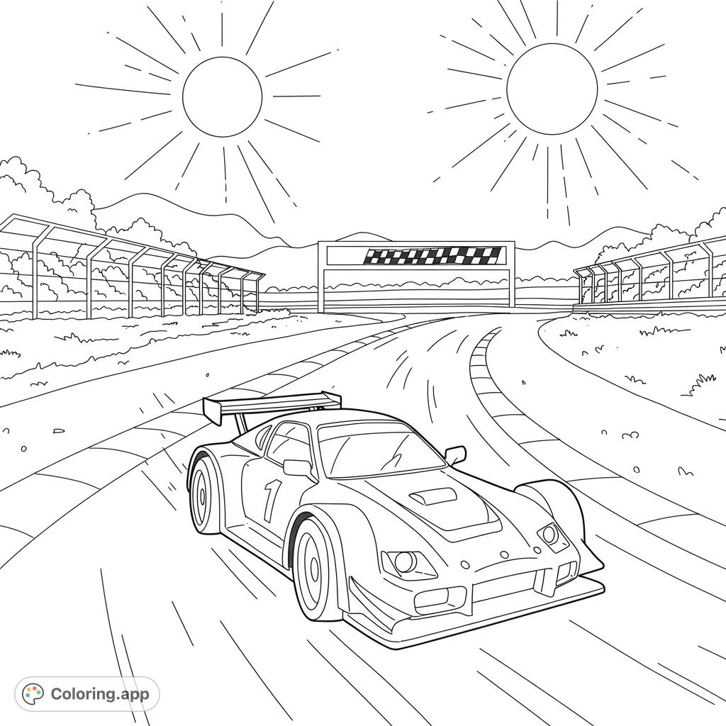 Dynamic race car coloring page on a thrilling track with a finish line. Free printable race car coloring page for kids and adults to enjoy!