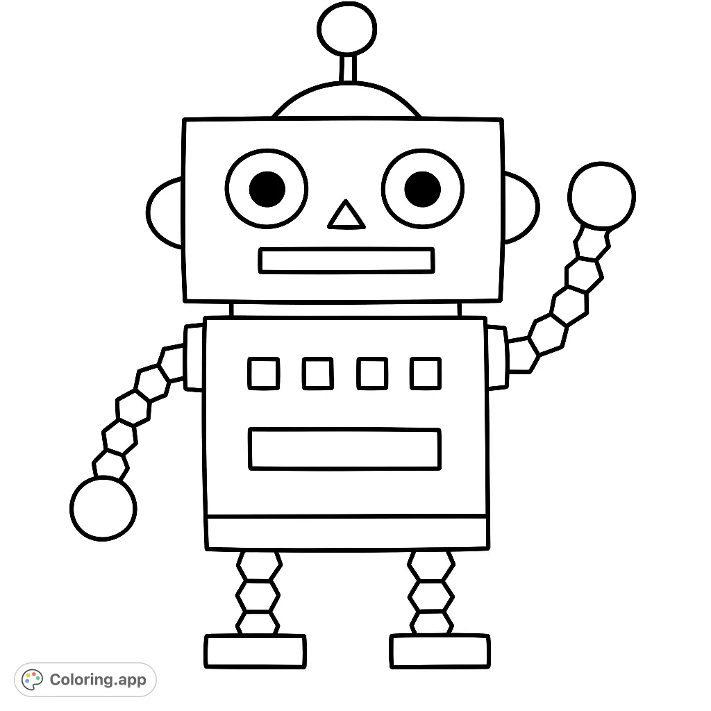 A charming, blocky robot with a waving arm, perfect for a fun robot coloring page. Simple lines for easy coloring, great for kids and beginners.