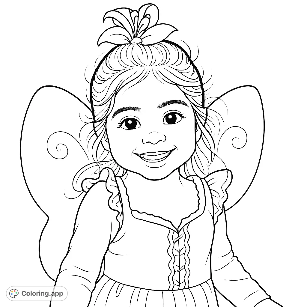 An adorable little fairy girl with a big smile, wearing a charming ruffled dress, delicate wings, and a beautiful lily flower in her curly hair.