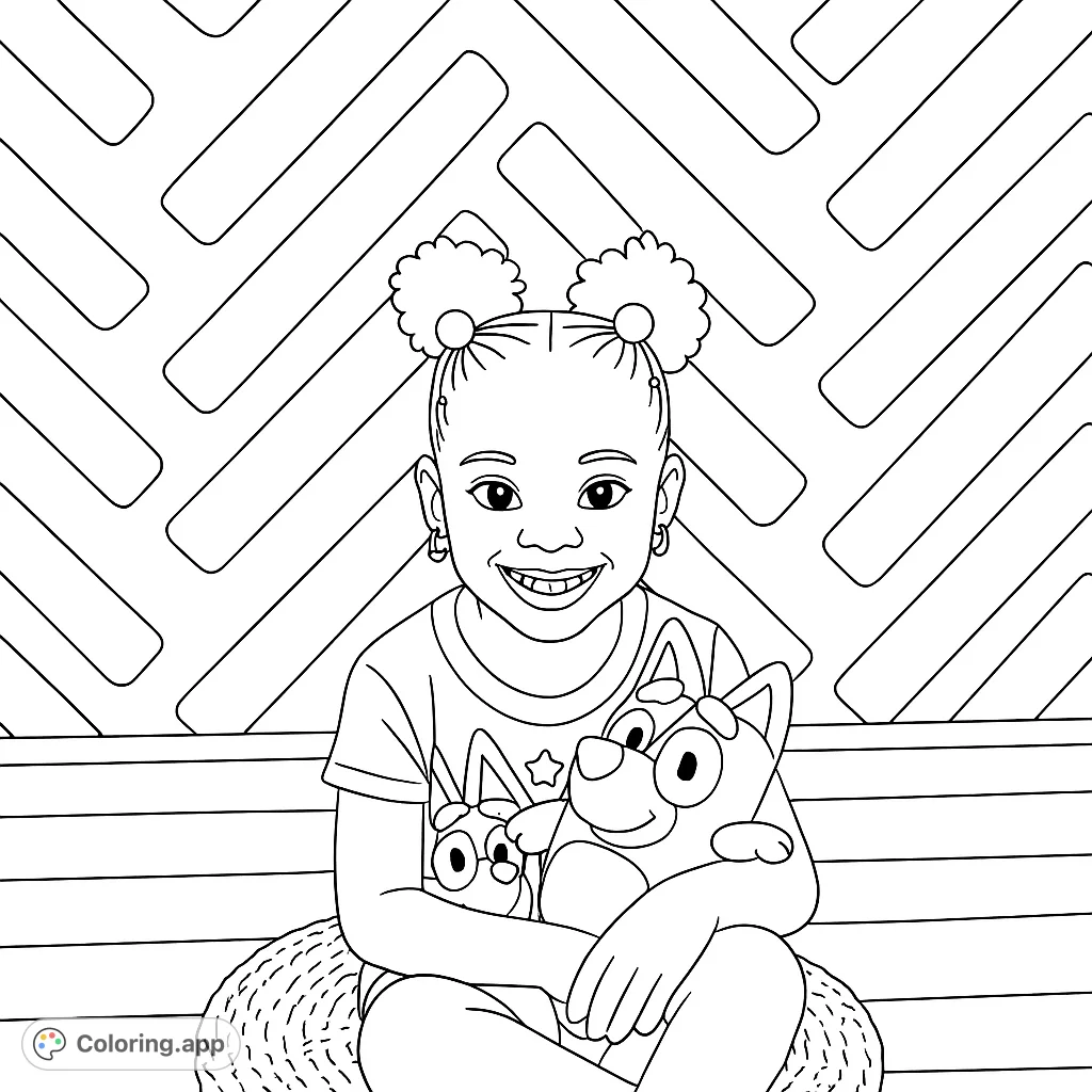 A happy girl with puffball pigtails smiles while holding two beloved plush toys, sitting on a textured cushion against a geometric background.