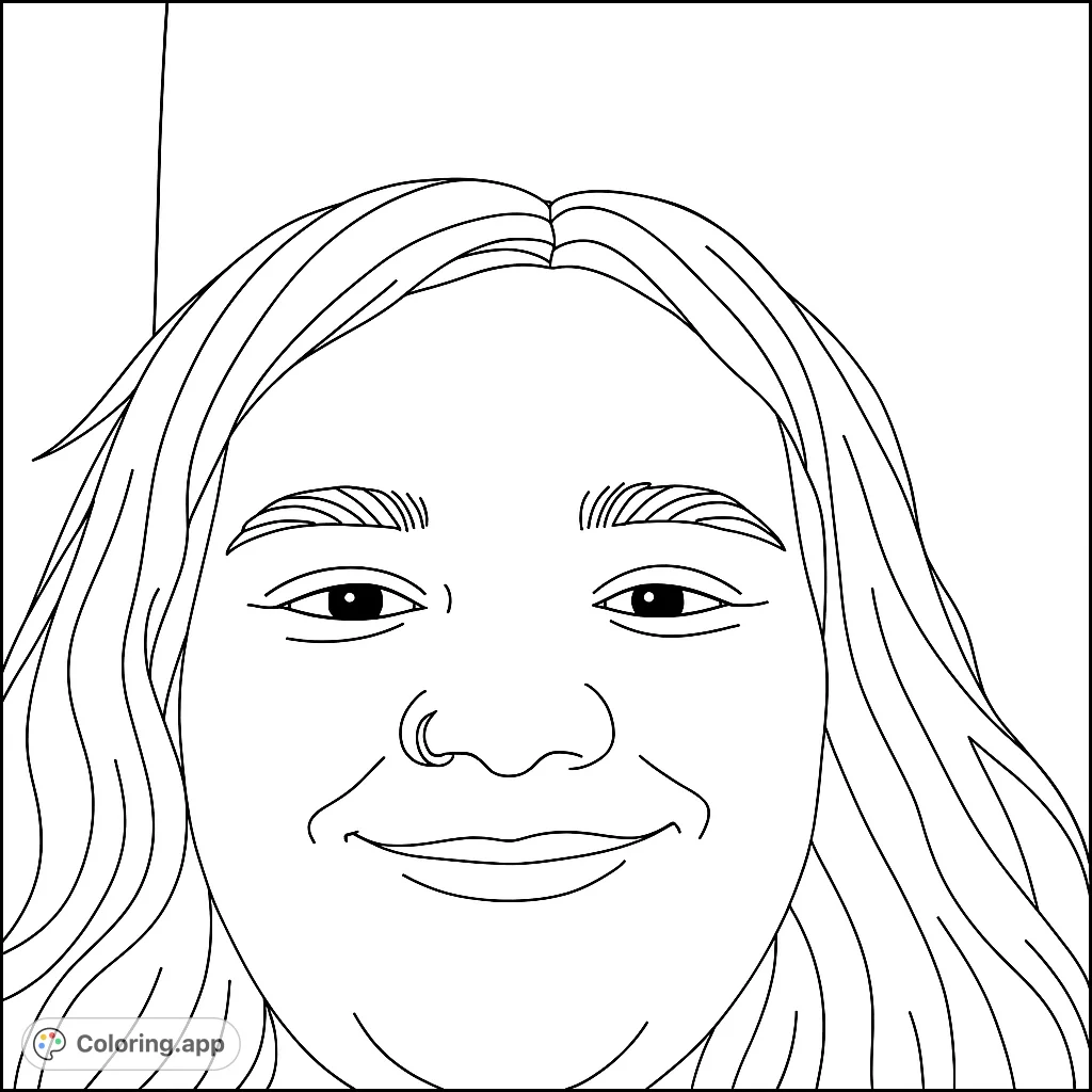 A heartwarming portrait coloring page featuring a smiling person with long, flowing hair and a nose ring, ready for your creative touch.