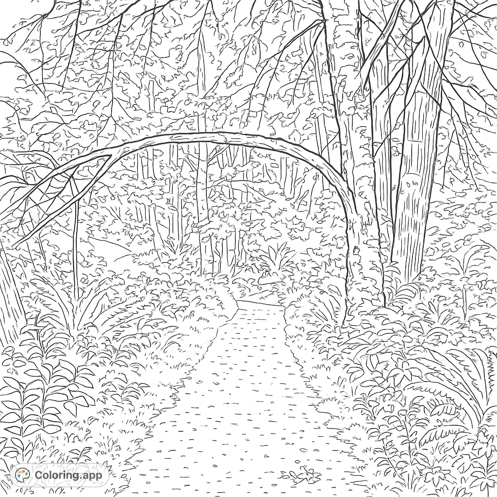 Explore a serene forest path winding through lush foliage, featuring a natural tree archway. A detailed nature coloring page for all ages.
