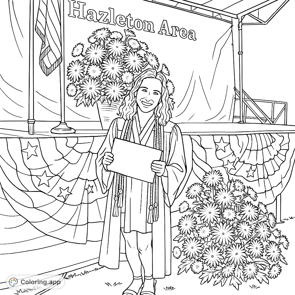 Celebrate achievement with this graduation coloring page featuring a smiling graduate holding a diploma amidst flowers and a stage. Free printable coloring page for all ages!