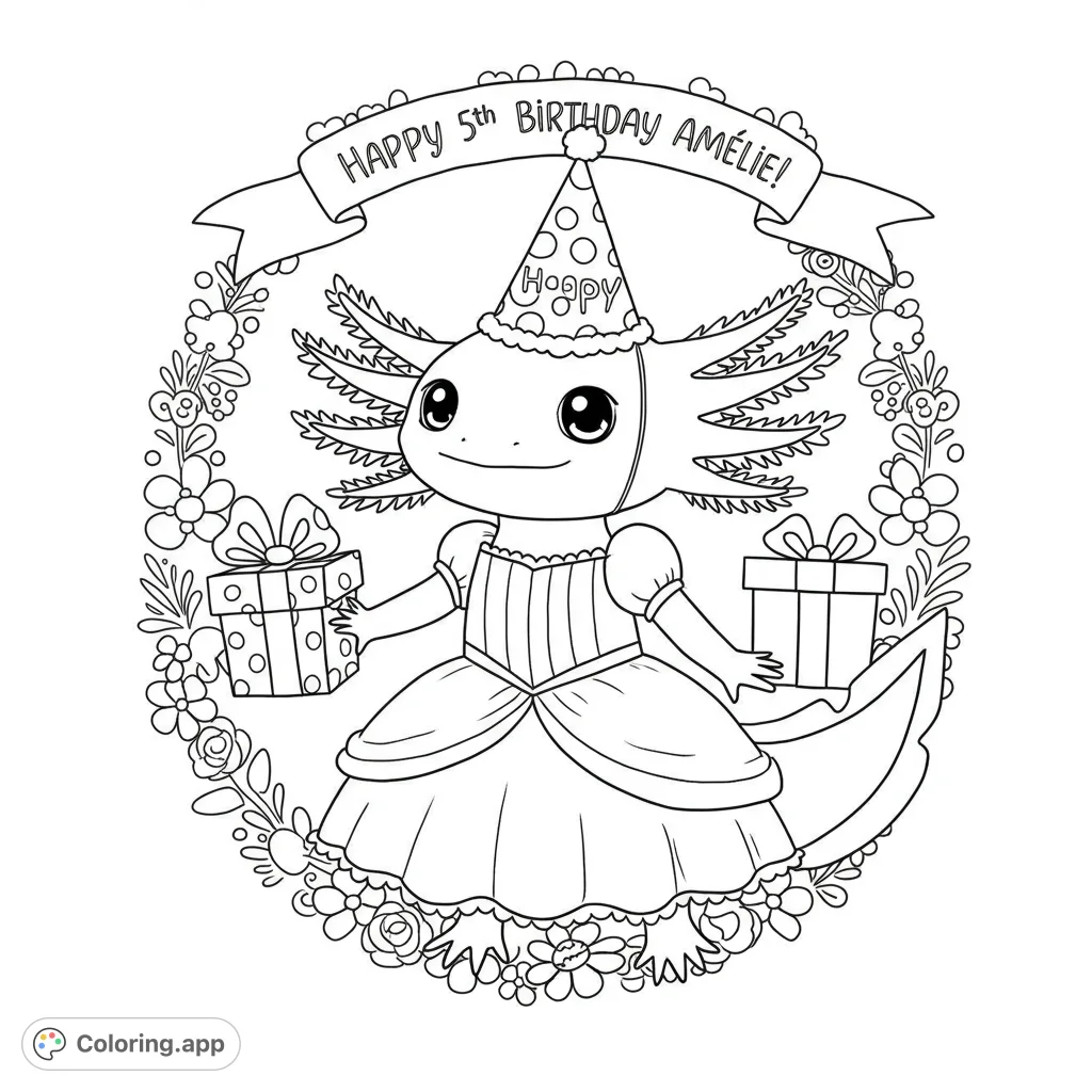 Adorable axolotl in a princess dress and party hat, holding gifts within a floral wreath. A charming birthday-themed coloring page.