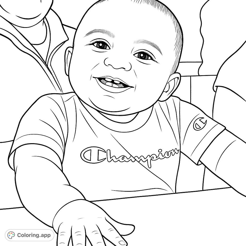 A delightful baby coloring page featuring a cheerful infant with a big smile, perfect for capturing precious moments. Free printable baby coloring page for kids and adults.