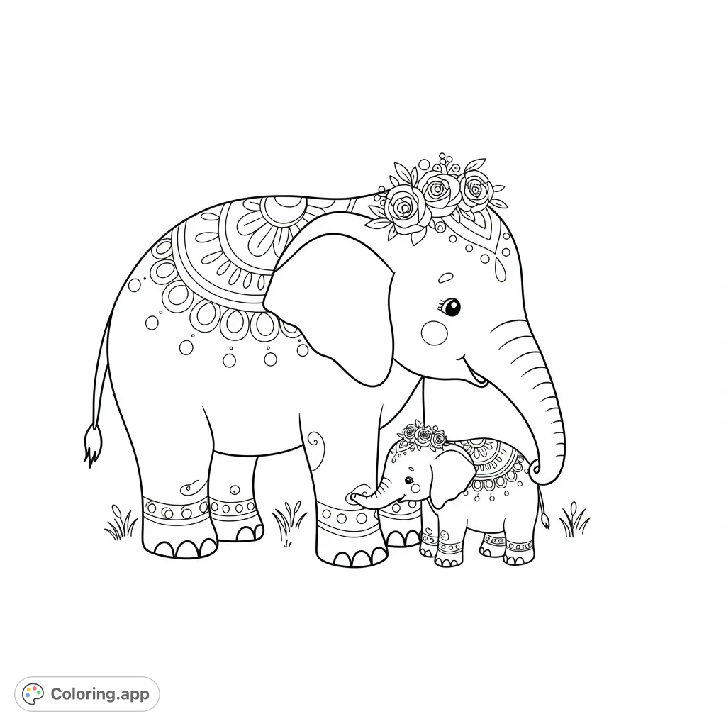 A charming elephant coloring page featuring an adult and baby elephant adorned with intricate mandala patterns and floral crowns, perfect for all ages.