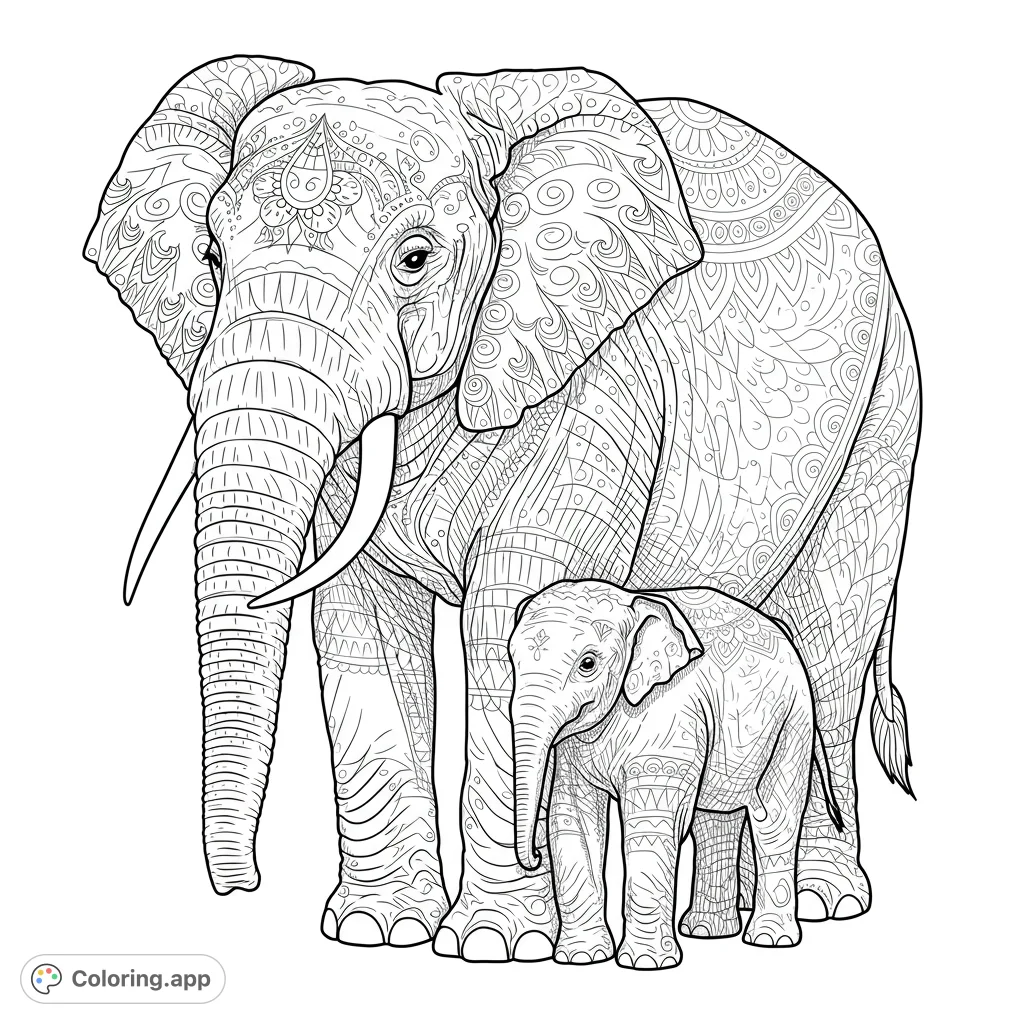 An intricate mandala elephant mother and calf coloring page. Features detailed patterns, perfect for mindful coloring and creative expression.