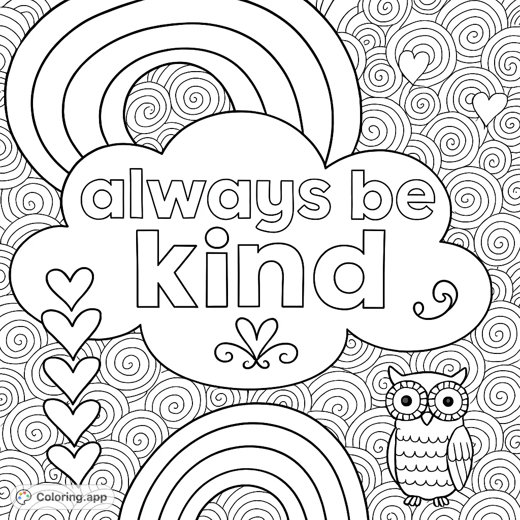 A heartwarming 'Always Be Kind' cloud with an owl, rainbows, and hearts, set against a whimsical swirly background. Perfect for promoting kindness.