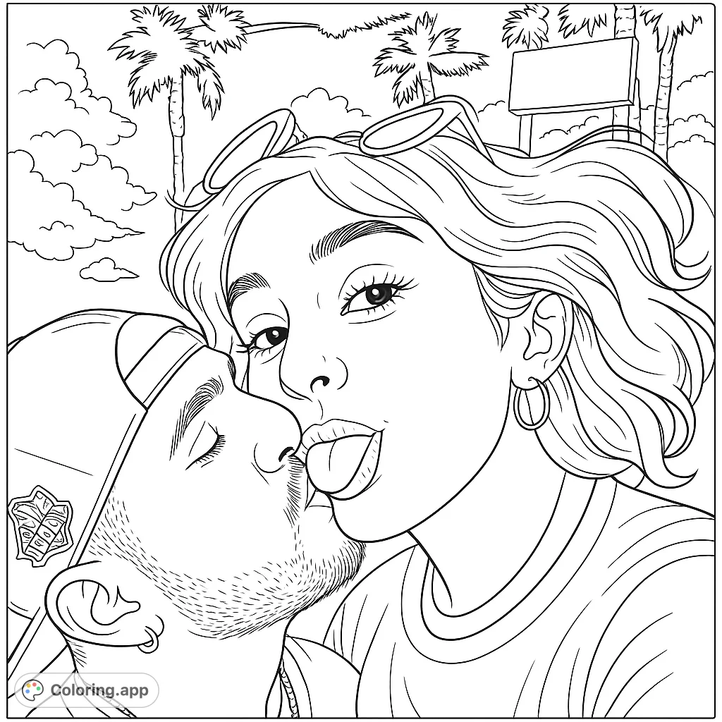A playful couple's close-up portrait featuring a kiss and a silly tongue-out expression, set against a tropical backdrop. A fun, romantic coloring page.