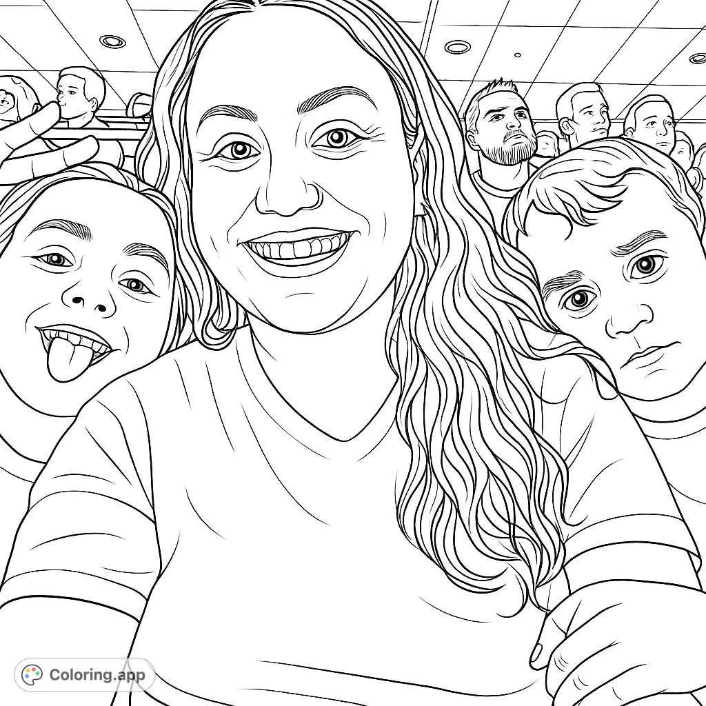 A lively group selfie featuring a smiling woman, two children, and a crowd in the background, perfect for a fun coloring experience.