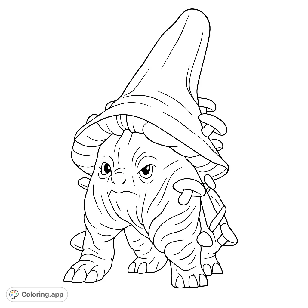 A unique mushroom creature with a grumpy expression and a large fungi hat, perfect for a whimsical fantasy coloring page.
