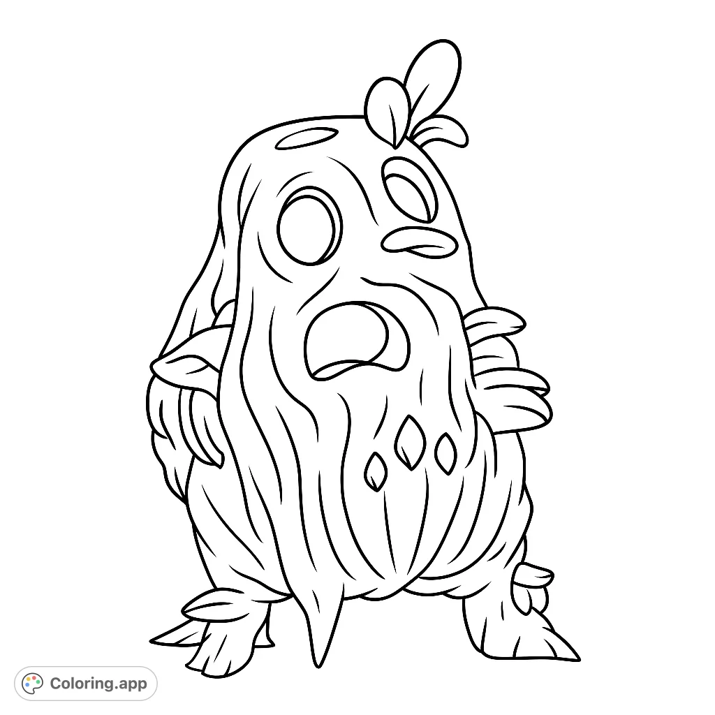 Discover a whimsical forest spirit coloring page! This free printable features a unique, leafy creature with expressive eyes and a textured body, perfect for creative coloring fun.