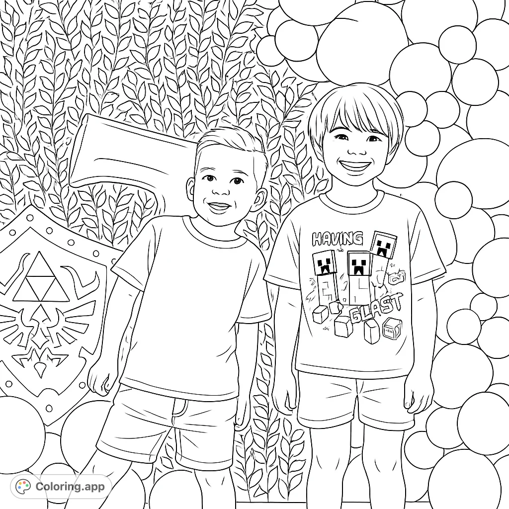 Two happy boys ready for adventure, with a gaming-themed shirt and a fantasy shield, set against playful backgrounds. A fun, free printable coloring page!