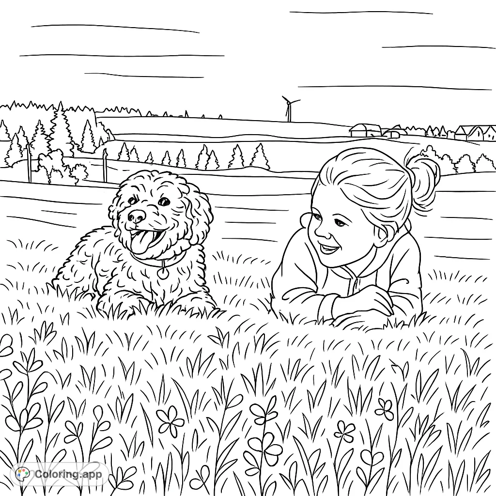 A heartwarming free printable coloring page featuring a happy girl and her fluffy dog relaxing in a vibrant meadow with distant hills and a wind turbine.