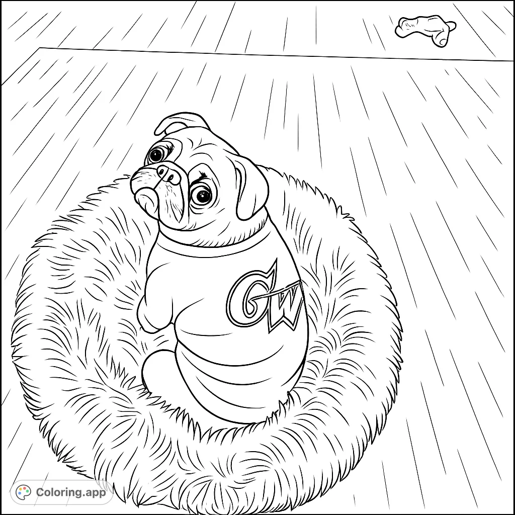 A charming pug in a fluffy bed gazes at a floating bone. A delightful pug coloring page, perfect for dog lovers and all ages.
