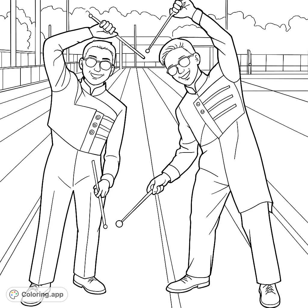 Two smiling drum majors in detailed marching band uniforms, holding maces on a field. A dynamic music-themed free printable coloring page for all ages.