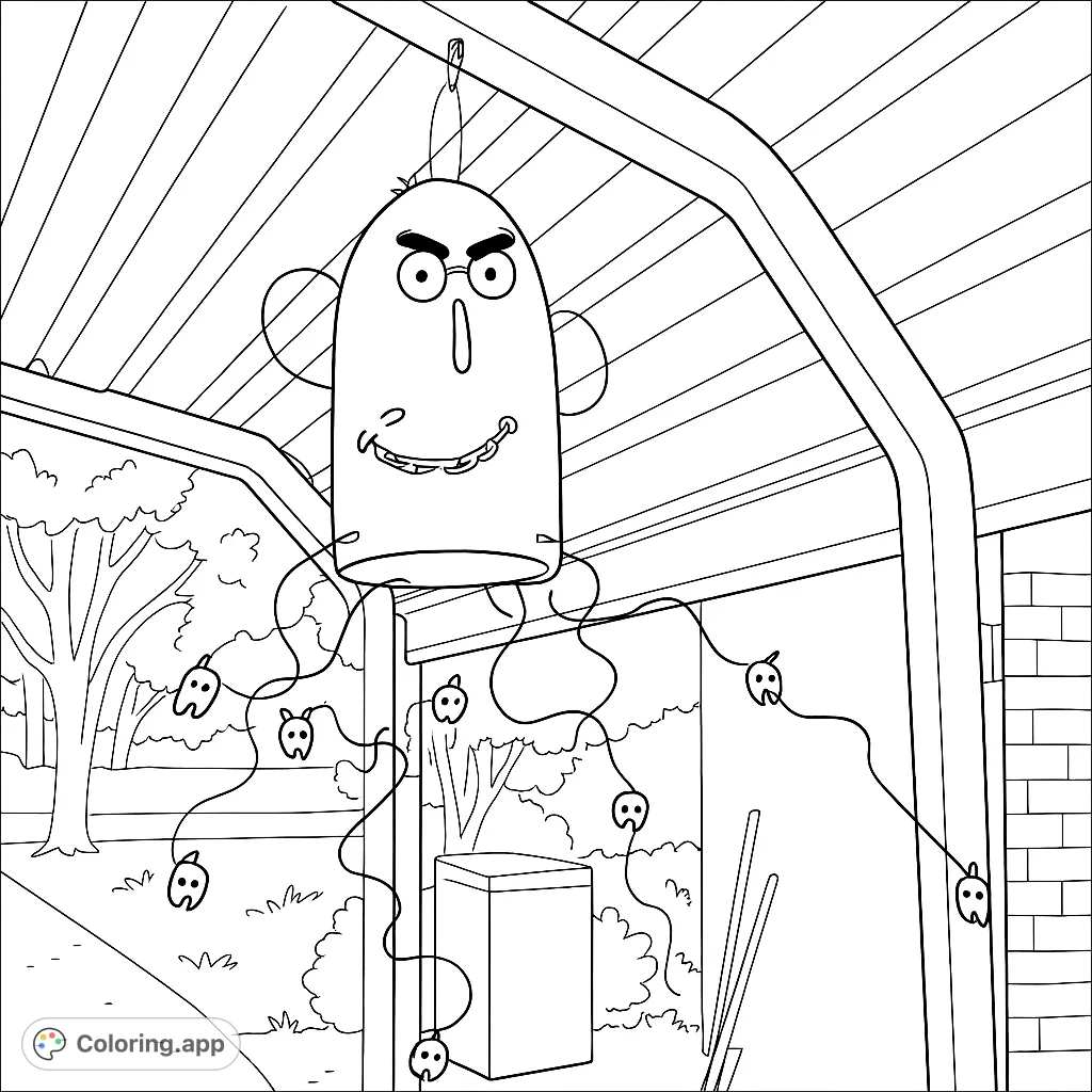 A fun Halloween coloring page featuring a mischievous hanging ghost figure with dangling ghost lights, set against an outdoor background with a corrugated roof.