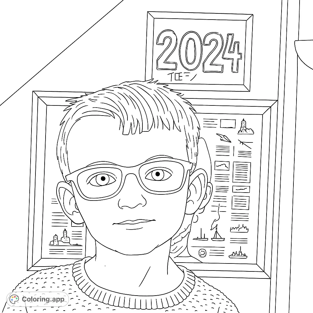 A charming boy in glasses with unique framed art in the background, ready for a creative coloring experience. Free printable coloring page.