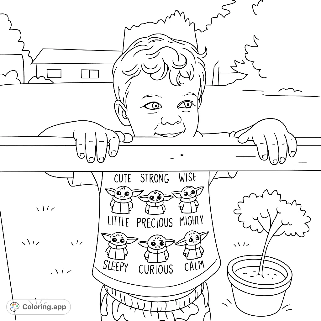 A delightful free printable coloring page featuring a happy child peeking over a fence, wearing a cute alien character shirt with descriptive words. Perfect for kids!
