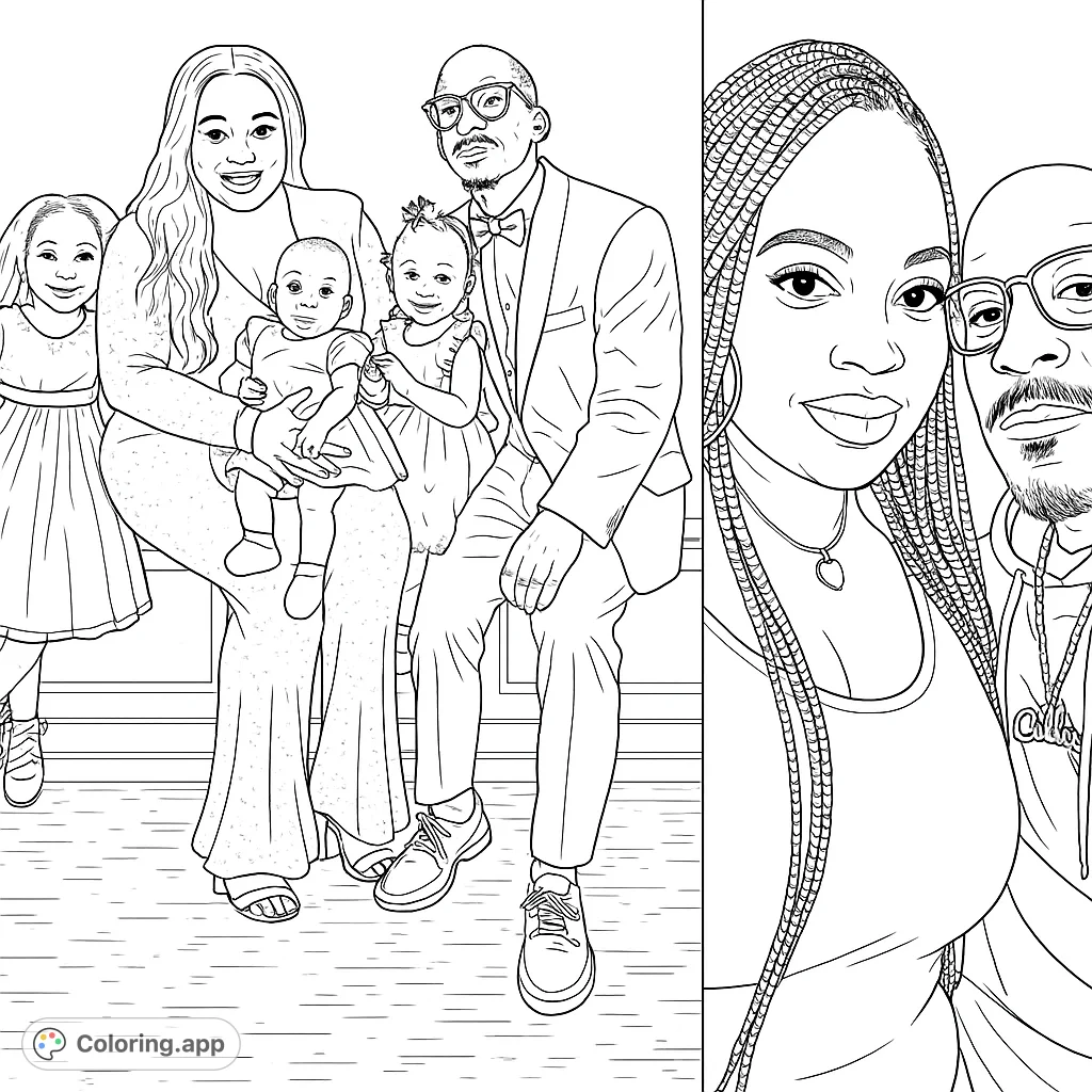 A heartwarming family portrait coloring page featuring parents with their two young children, plus a close-up couple's portrait. Perfect for all ages!