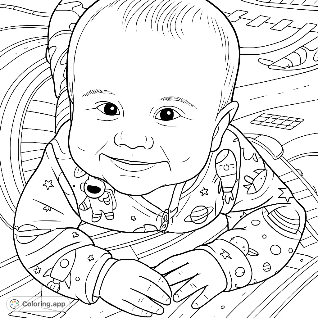 Adorable baby in space pajamas smiles, surrounded by a cosmic playmat. A free printable baby coloring page for kids and adults.