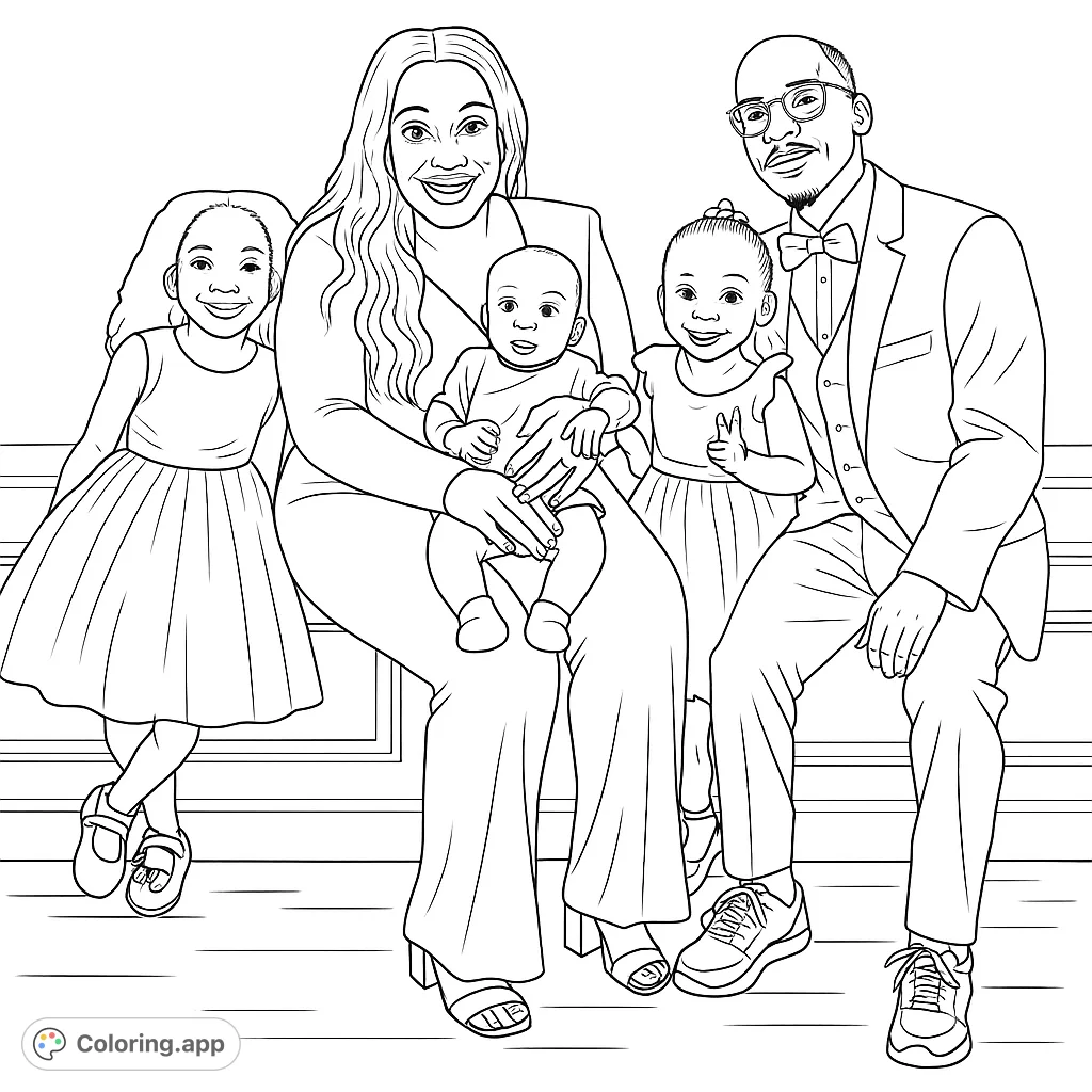 A heartwarming family portrait featuring parents, two daughters, and a baby, all smiling. Perfect for a joyful and personal coloring experience.