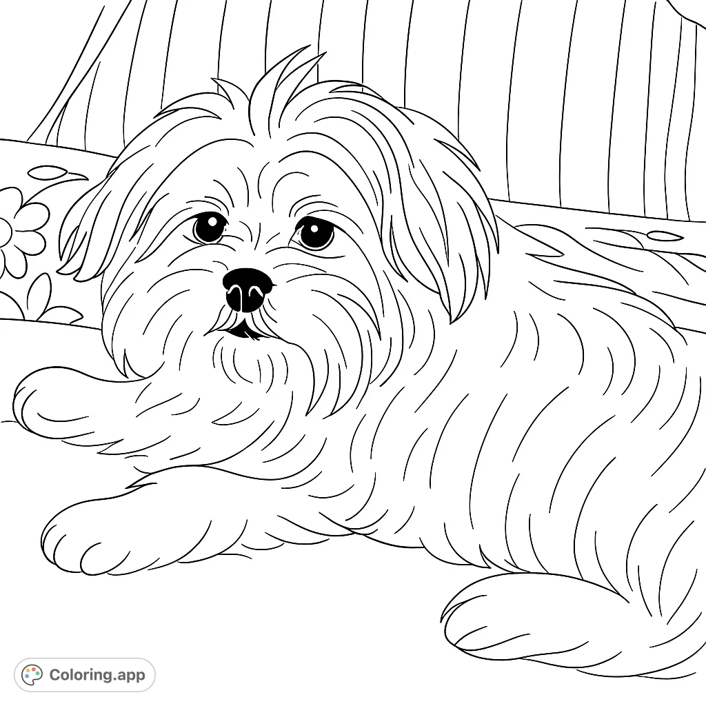 An adorable fluffy dog lies peacefully, ready for a burst of color. This charming free printable coloring page is perfect for dog lovers of all ages.