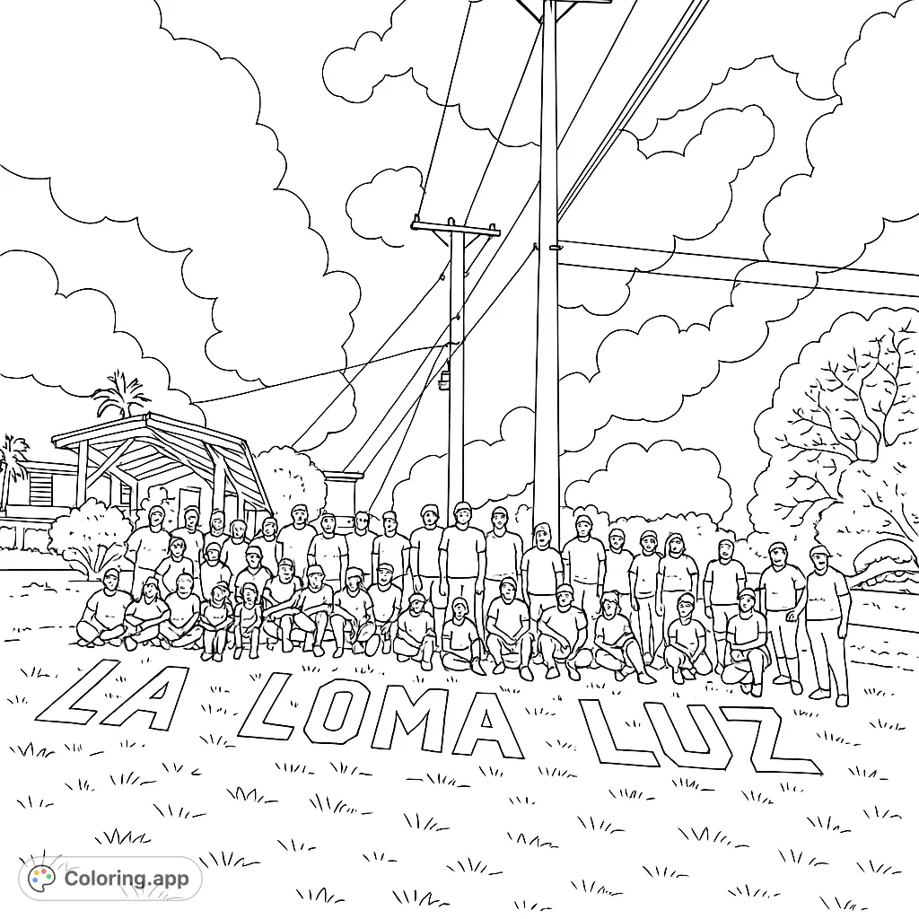A large community group gathers outdoors, with a detailed building, trees, and utility poles in the background. Perfect for all ages.