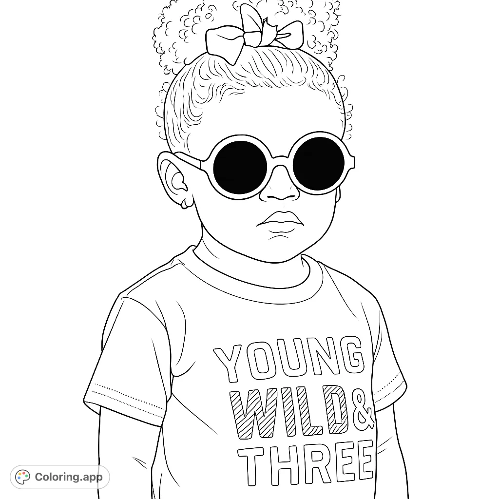 A charming toddler with curly hair, a cute bow, and cool round sunglasses, ready for a fun coloring adventure. Perfect for young artists.